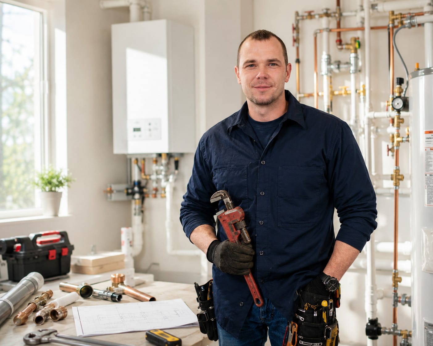 Ivan of I.D. ProPlumbing standing in a mechanical room next to a tankless water heater and copper piping