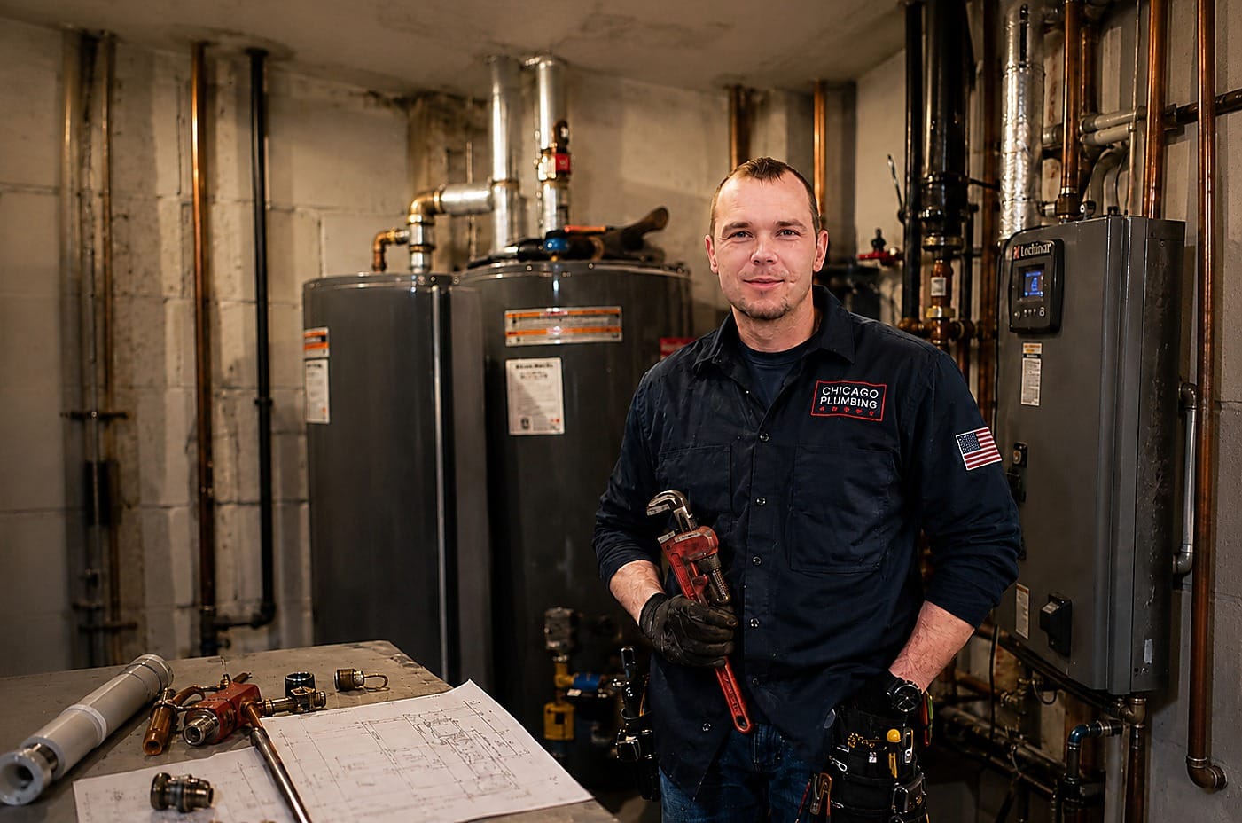 Ivan of I.D. ProPlumbing in a mechanical room holding a pipe wrench next to water heaters